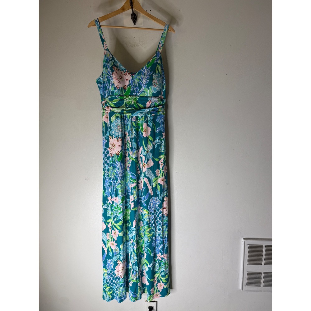 Lilly Pulitzer Floral Maxi Dress Teal Pink Tropical Empire Waist Sleeveless 10